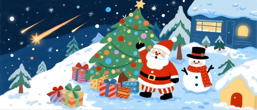 Christmas scene with Santa and snowman