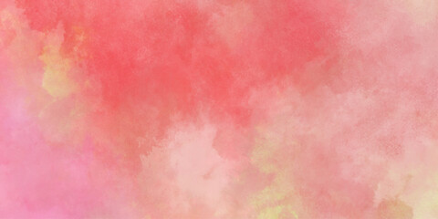 Abstract colorful watercolor drawing on a paper image, with puffy clouds in bright rainbow colors of pink blue yellow orange and purple, fantasy smooth light pink watercolor painted background.