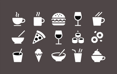 Modern Food and Beverage Icon Set Featuring Coffee, Wine, Pizza, Sushi, Burgers, Desserts, and Drinks for Restaurant Branding