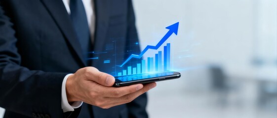 Businessman holding smartphone with growth chart