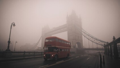 Foggy 1920 London Bridge with double-decker bus crossing misty cobblestone road