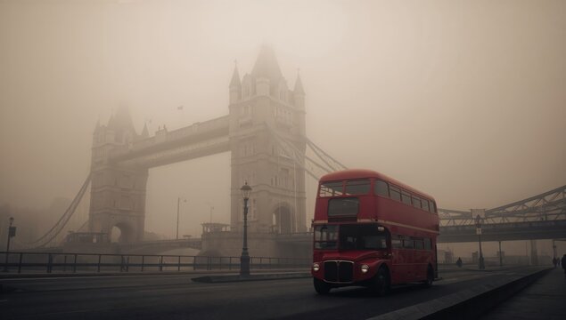 Foggy 1920 London Bridge with double-decker bus crossing misty cobblestone road