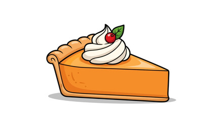 Cartoon Slice of Pumpkin Pie with Whipped Cream Cherry and Mint Leaf. © Ika