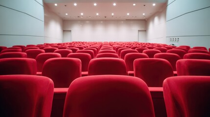 Fototapeta premium Empty Auditorium with Red Seats: Cinema, Theater, Conference Venue for Presentations and Performances