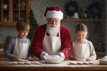 Caucasian man dressed as Santa Claus is baking cookies with two children in a cozy kitchen, surrounded by festive decorations and a warm atmosphere of holiday cheer