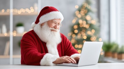 Jolly man in red and white attire, sitting at a desk, using a laptop with a festive background, embodying the spirit of holiday cheer and modern technology