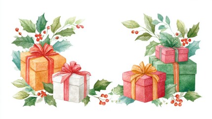 Colorful watercolor illustration of festive gift boxes surrounded by holly leaves and berries, creating a cheerful holiday atmosphere with vibrant seasonal colors