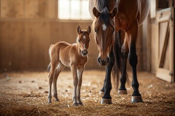 Newborn foal stands near mother mare in warmly lit rustic stable