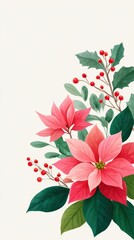 Vibrant pink poinsettia flowers with green leaves and red berries arranged beautifully on a soft cream background, perfect for festive decorations and seasonal celebrations