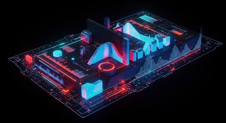 Dynamic digital data analysis with glowing neon charts and futuristic interface on black background