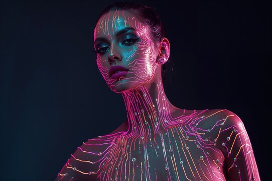 Cybernetic model glows with neon circuitry painted in avant-garde style - Powered by Adobe
