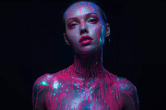 Cybernetic model glows with neon circuitry painted in avant-garde style - Powered by Adobe