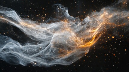 Cosmic Dance: Abstract Nebula with Golden Dust and Silver Wisps