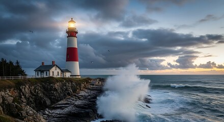 Obraz premium Lighthouse Withstanding Stormy Seas.
