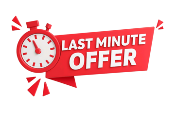 Red banner with last minute offer text and stopwatch icon isolated on transparent background