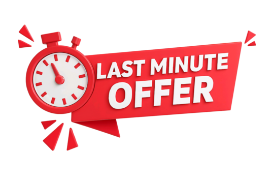 Red banner with last minute offer text and stopwatch icon isolated on transparent background
