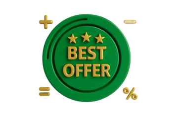 Green circular badge with three golden stars and the text best offer isolated on transparent background