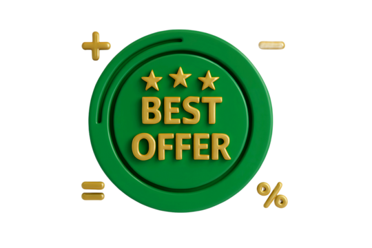 Green circular badge with three golden stars and the text best offer isolated on transparent background