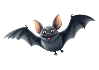 Happy cartoon bat flying against a white background with large expressive eyes