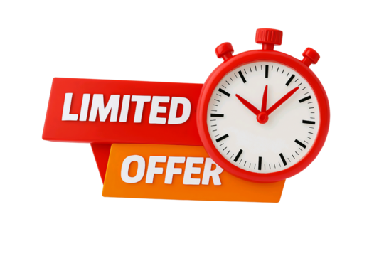 Red stopwatch and red and orange banners with text limited offer isolated on transparent background