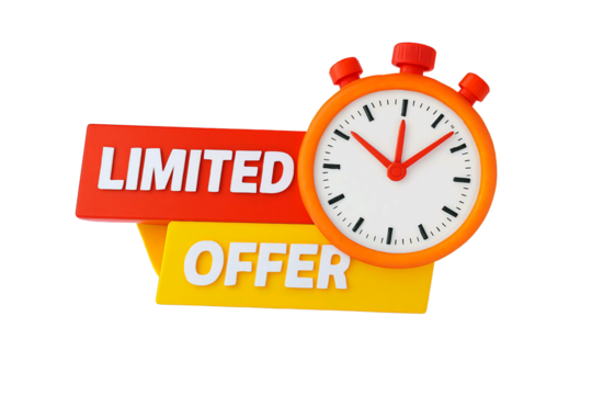 Orange stopwatch timer with red and yellow limited offer signs isolated on transparent background