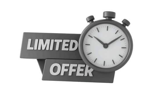 Retro stopwatch next to a ribbon with the words limited offer isolated on transparent background - Powered by Adobe