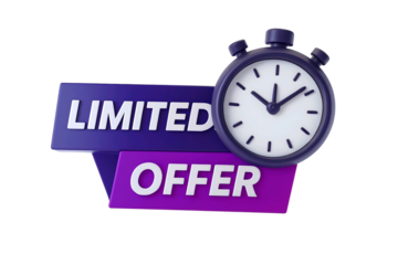 3d rendering of a stopwatch next to a limited offer banner isolated on transparent background