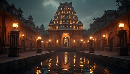 Ancient Temple Illuminated at Night with Warm Golden Lights