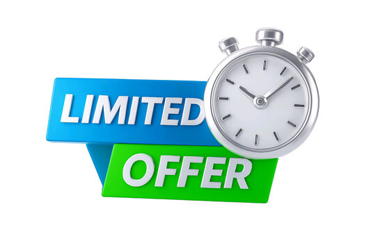 Stopwatch next to a blue and green banner with the words limited offer isolated on transparent background