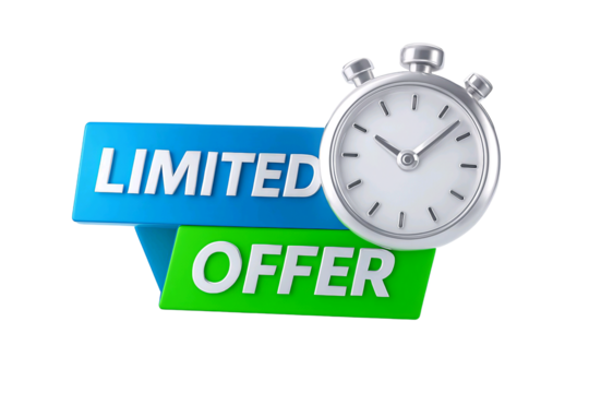 Stopwatch next to a blue and green banner with the words limited offer isolated on transparent background