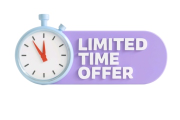 Retro stopwatch with a purple banner displaying limited time offer isolated on transparent background