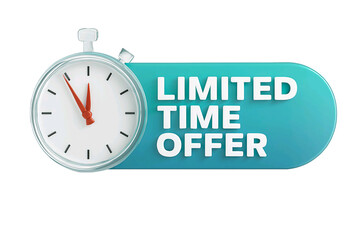 Classic stopwatch next to a teal oval banner with the text limited time offer isolated on transparent background