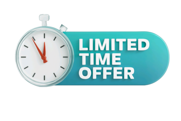 Classic stopwatch next to a teal oval banner with the text limited time offer isolated on transparent background