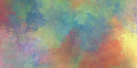 Abstract colorful watercolor drawing on a paper image, with puffy clouds in bright rainbow colors of pink blue yellow orange and purple, fantasy smooth light pink watercolor painted background.