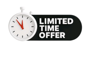 White stopwatch next to a black oval sign with white text reading limited time offer isolated on transparent background
