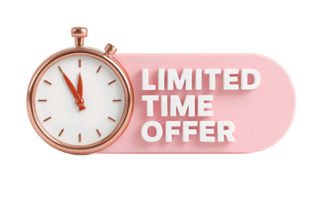 Vintage stopwatch next to a pink oval banner with the text limited time offer isolated on transparent background