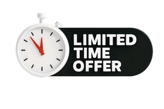 White stopwatch next to a black oval sign with white text reading limited time offer isolated on transparent background