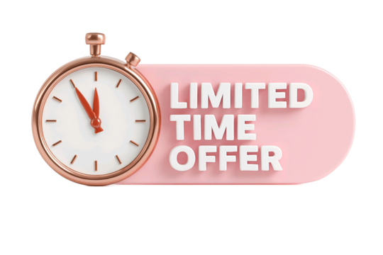 Vintage stopwatch next to a pink oval banner with the text limited time offer isolated on transparent background - Powered by Adobe