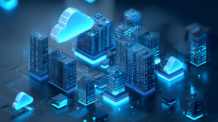 Futuristic Cloud Computing Cityscape with Buildings and Network Connections