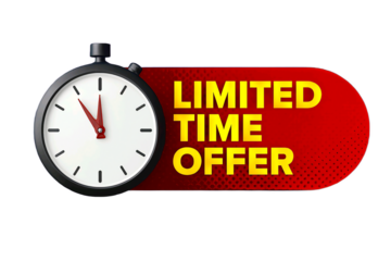 Stopwatch and red banner with the text limited time offer isolated on transparent background