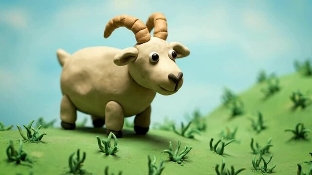 Claymation Goat on Green Hill: Stop Motion Animation Scene