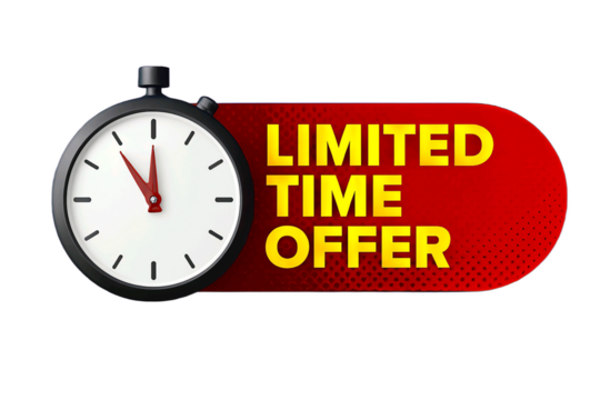 Stopwatch and red banner with the text limited time offer isolated on transparent background