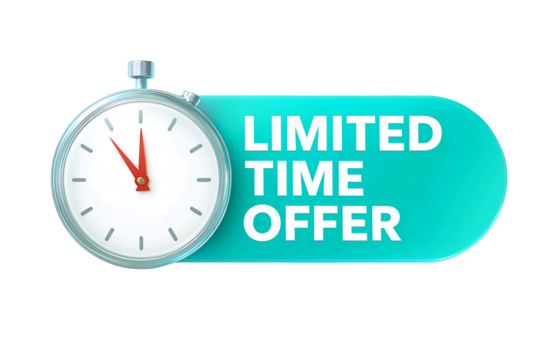Classic stopwatch next to a bright teal banner with the text limited time offer isolated on transparent background