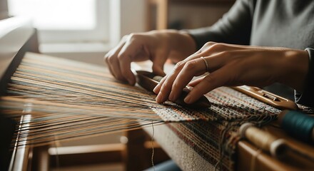 Close-up of a Woman's Hands Weaving on a Traditional Loom Structure