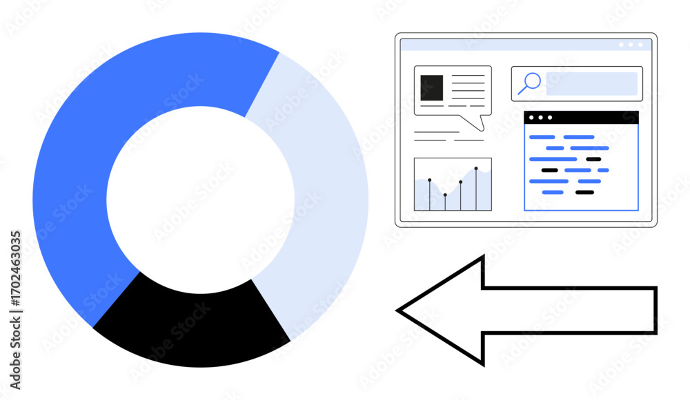 Aufkleber pie chart beside a screen displaying analytics dashboard with charts, search bar, and data elements.
