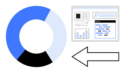 Pie chart beside a screen displaying analytics dashboard with charts, search bar, and data elements. Ideal for analytics, business, technology, digital marketing, statistics, data visualization