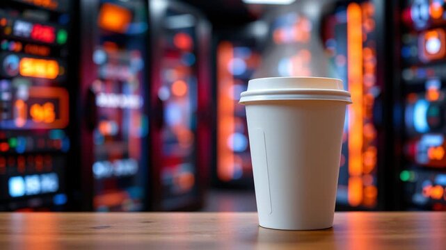 Coffee Break in the Digital Labyrinth: A simple coffee cup sits centered, offering a moment of respite amidst the complex glow of technology, in a digitally rendered composition.