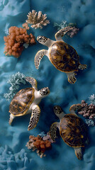 Three Sea Turtles On Blue Coral Reef
