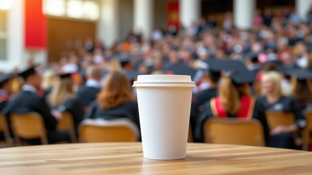 Coffee Cup at Ceremony: A simple paper cup of coffee rests atop a wooden table, subtly observing a vibrant ceremony as it unfolds in the background.