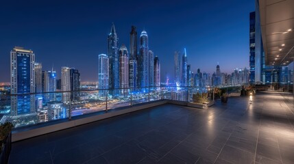 Obraz premium Modern Cityscape at Night from Rooftop Terrace with Illuminated Skyscrapers and Urban Skyline